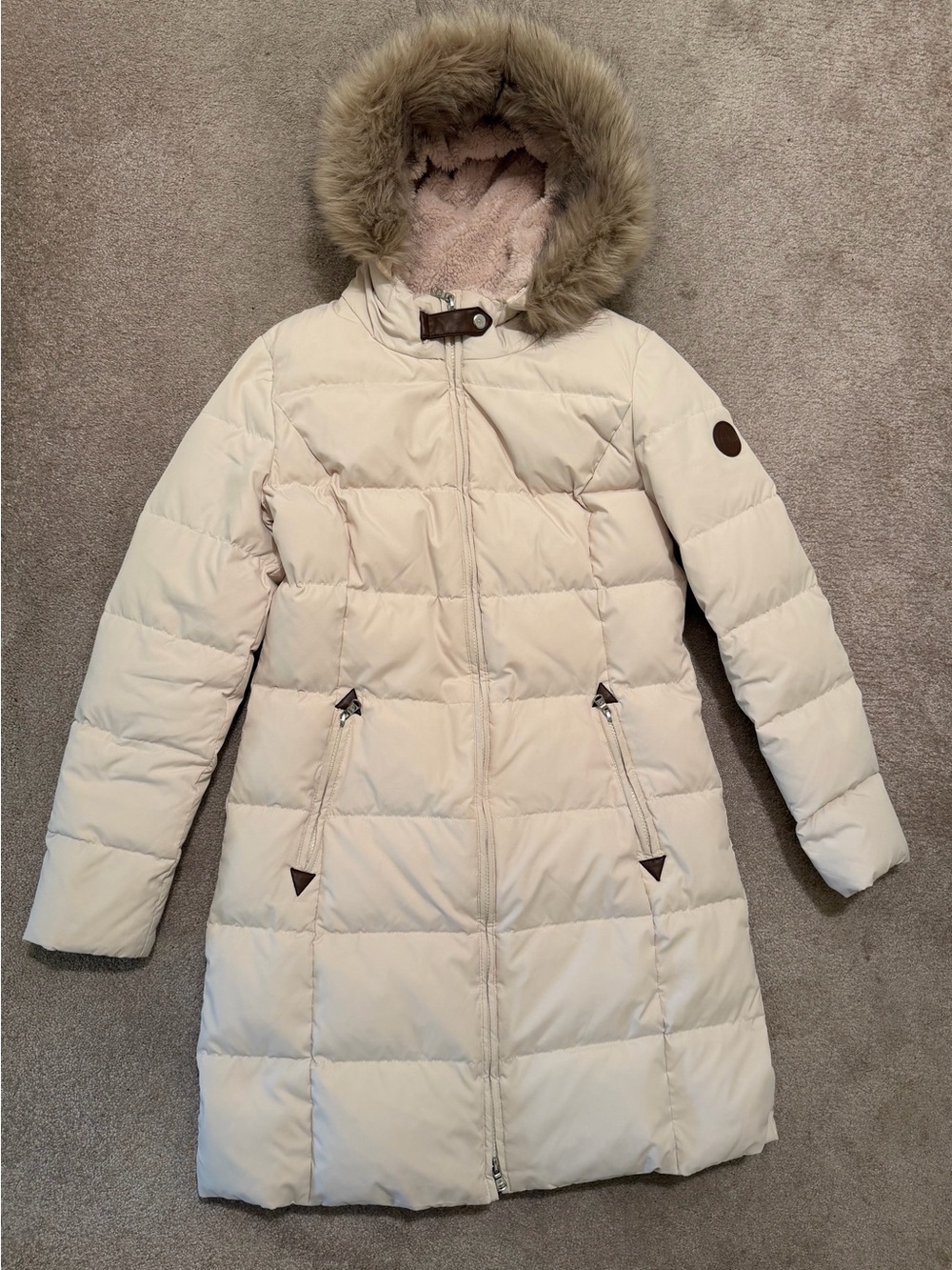 Ralph Lauren Cream Quilted Hooded Down Puffer Coat with Faux Fur Trim